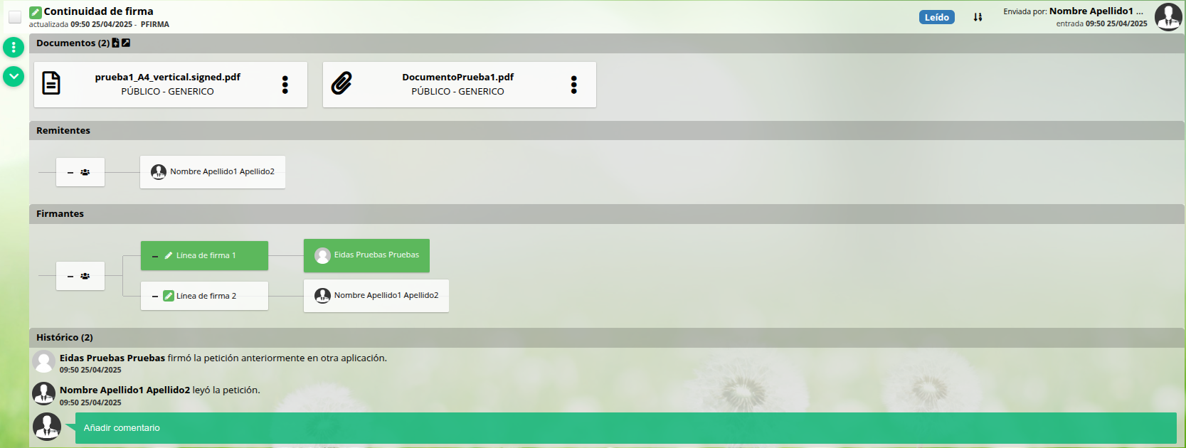 Detalle de la petición tras una continuidad de firma Detalle de la petición tras una continuidad de firma
