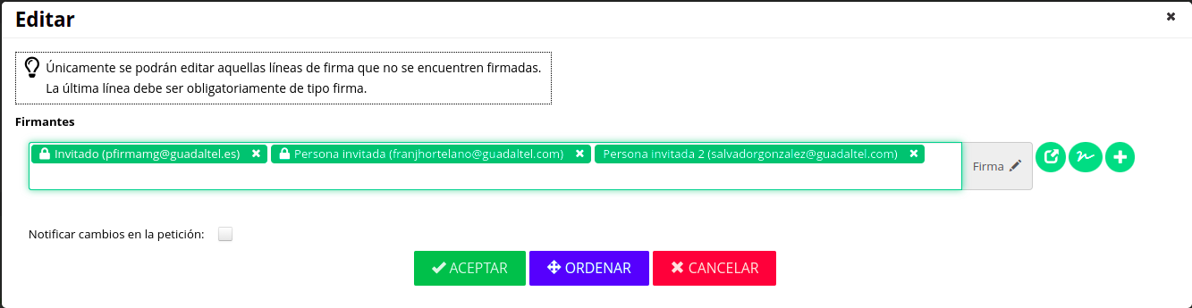 Pantalla de edición de líneas de firma con firmantes invitados con restricciones Pantalla de edición de líneas de firma con firmantes invitados con restricciones
